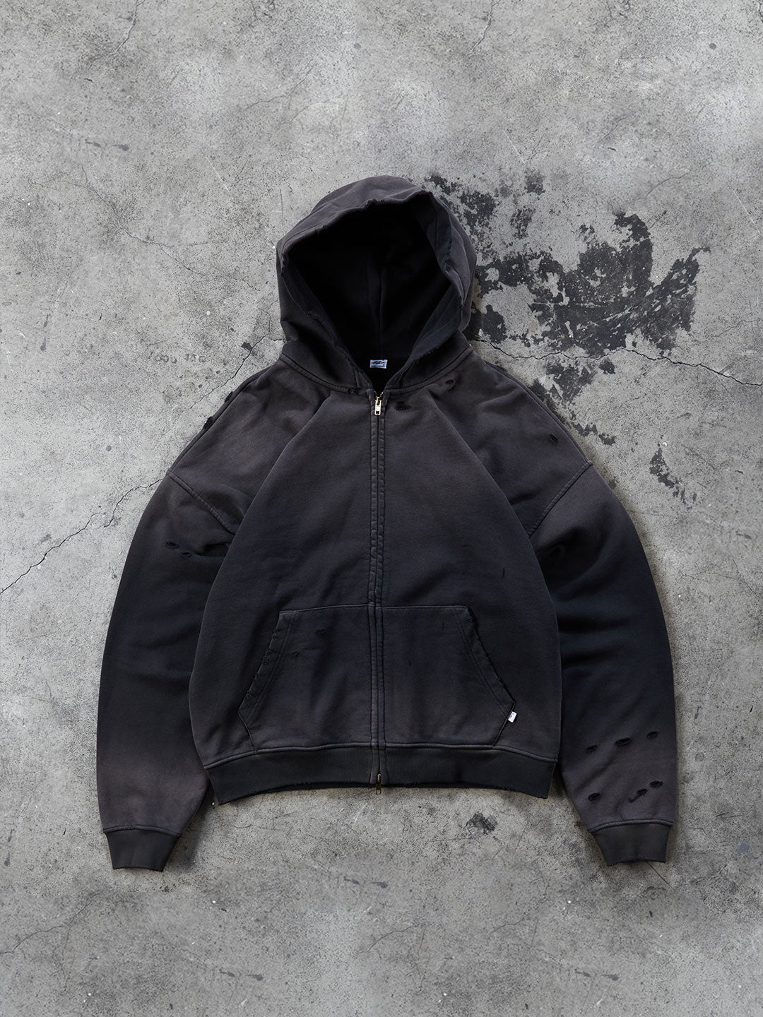 Washed Distressed Zip-Up Hoodie (Black)